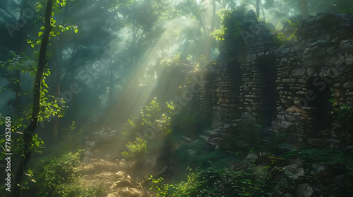 Mysterious ruins hidden deep within the forest along an ancient trail