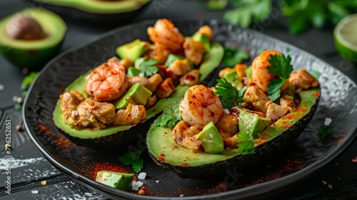 Chili dish. Palta reina appetizer, avocado with chicken and avocado with shrimp, served in avocado halves with filling mixed with mayonnaise