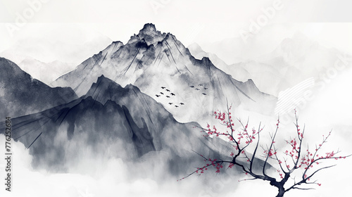 Sumi-e style landscape vector art illustration of a mountain in spring, sparse vegetation beginning to bloom, the untamed awakening of nature