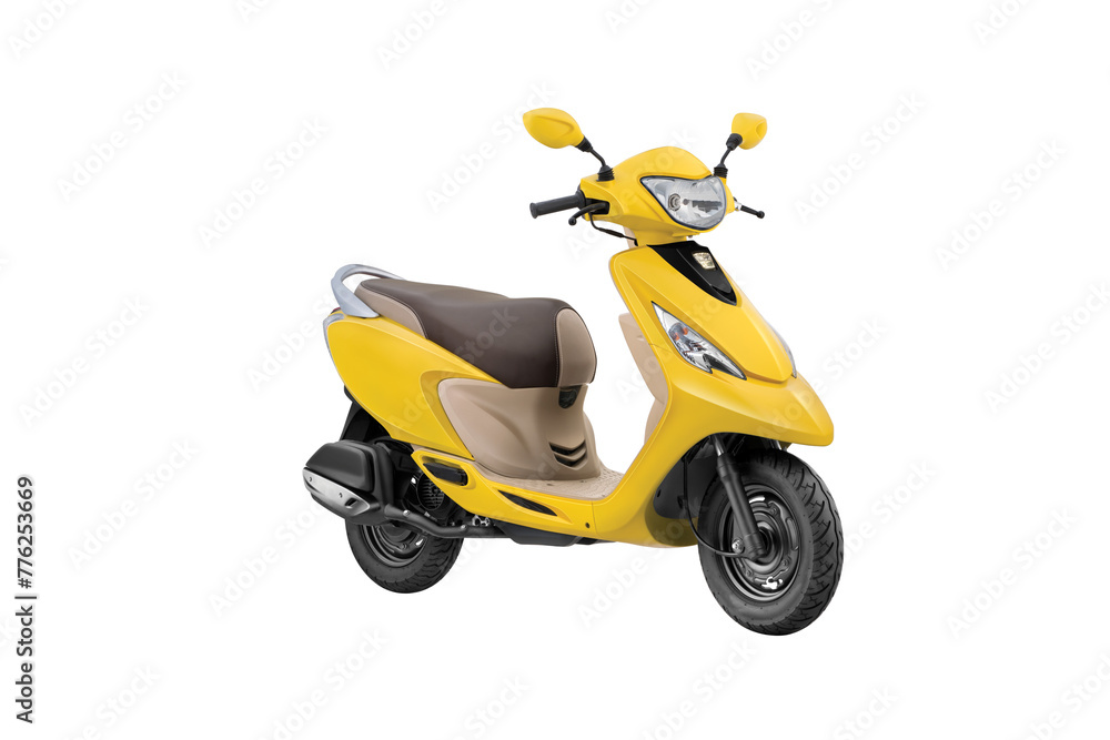 front view yellow motorcycle scooter or scooty isolated on white background front view yellow motorcycle scooter or scooty isolated on white background
