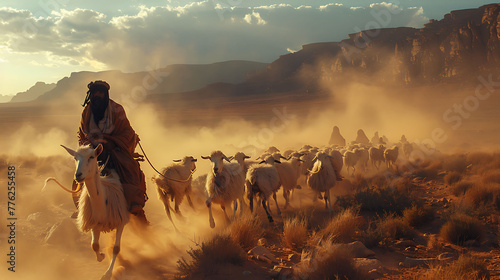 Nomadic tribespeople herding goats across the desert photo