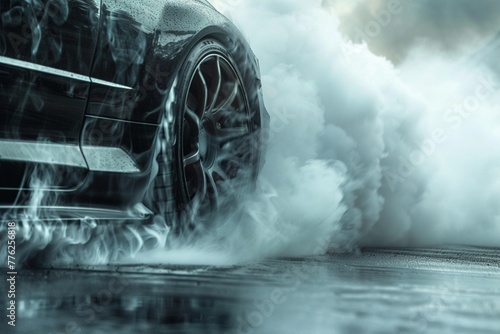 Close-up of a black car with drifting wheels in a cloud of smoke. Tire rubbing  drifting on a car or sports car  copy space