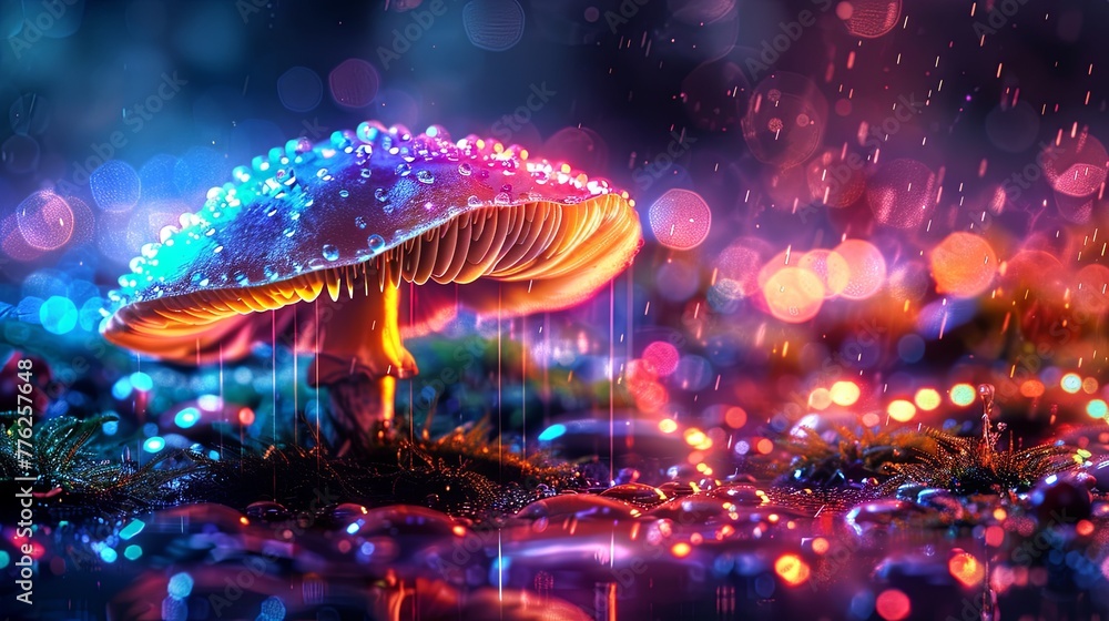 A single mushroom glows with a spectrum of colors under a shower of light rain, set in an enchanted, twinkling forest landscape.