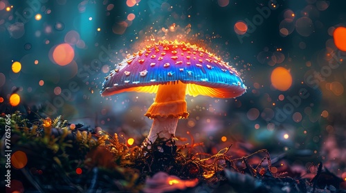 A single mushroom glows with a spectrum of colors under a shower of light rain, set in an enchanted, twinkling forest landscape.