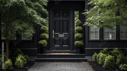 Black front door of black house with trees photo