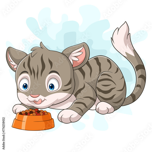 Cartoon funny cat eating on white background