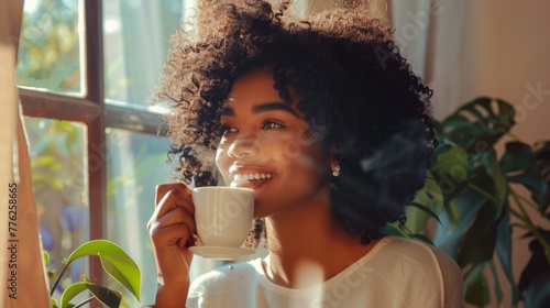 woman sitting in a window, with cup of coffee generative ai