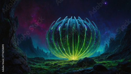 A whimsically glowing phosphorescent pulsar pod, brimming with intricate patterns reminiscent of a sci-fi dream.