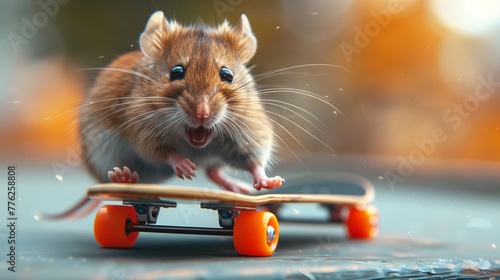 Rodent Riding Skateboard With Open Mouth