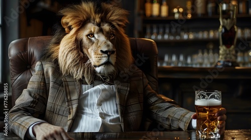 Realistic Anthropomorphic Lion Posing in a Cozy Vintage Pub  Savoring a Refreshing Glass of Beer.