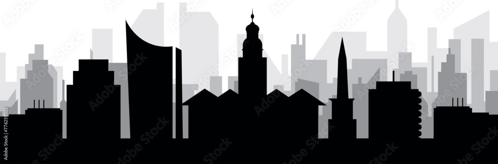 Black cityscape skyline panorama with gray misty city buildings background of LEIPZIG, GERMANY