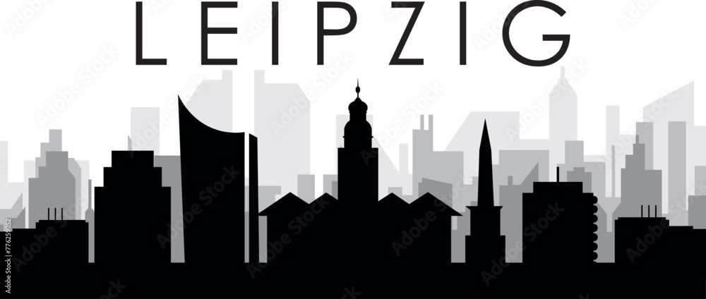 Black cityscape skyline panorama with gray misty city buildings background of LEIPZIG, GERMANY