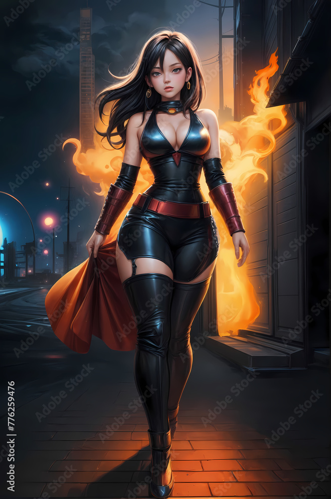 a beautiful girl with long hair, wearing a black leather outfit with a red cape stands on a street at night and surrounded by flames in the background, generative ai