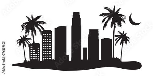 Cityscape silhouette with palms and crescent moon vector illustration graphic design