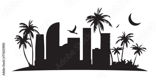 Silhouette of the city with palm trees. Vector illustration. © Pixzot