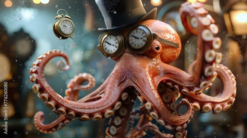 Octopus Wearing Top Hat With Two Clocks