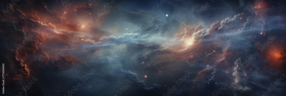 Majestic Nebula Clouds Illuminated by Starlight. Cosmic Landscape Background. Generative AI - obrazy, fototapety, plakaty 