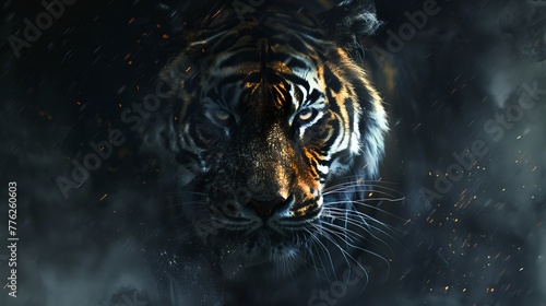 Fierce tiger's face glares from a dark abyss, captivating the viewer with its intense gaze. © Suleyman