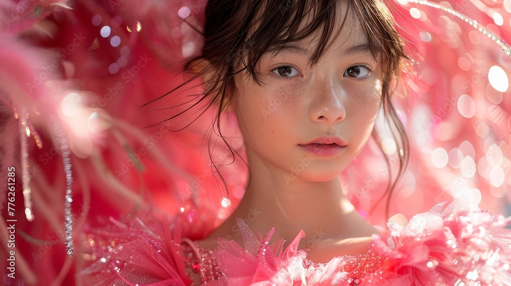 A person in a pink dress with feathered headpiece is depicted in a close-up shot Behind them, a tree stands in the background A person in a pink dress with feathered headpiece is depicted in a close-up shot Behind them, a tree stands in the background