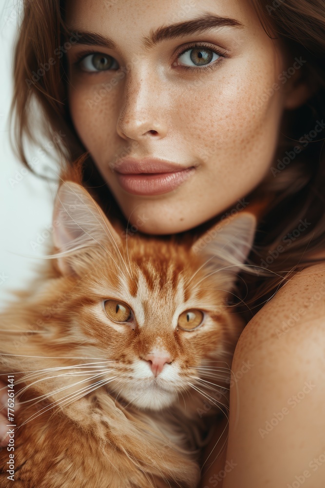 Portrait of a beauty woman smiling with her orange tabby cat in her arms putting their faces together