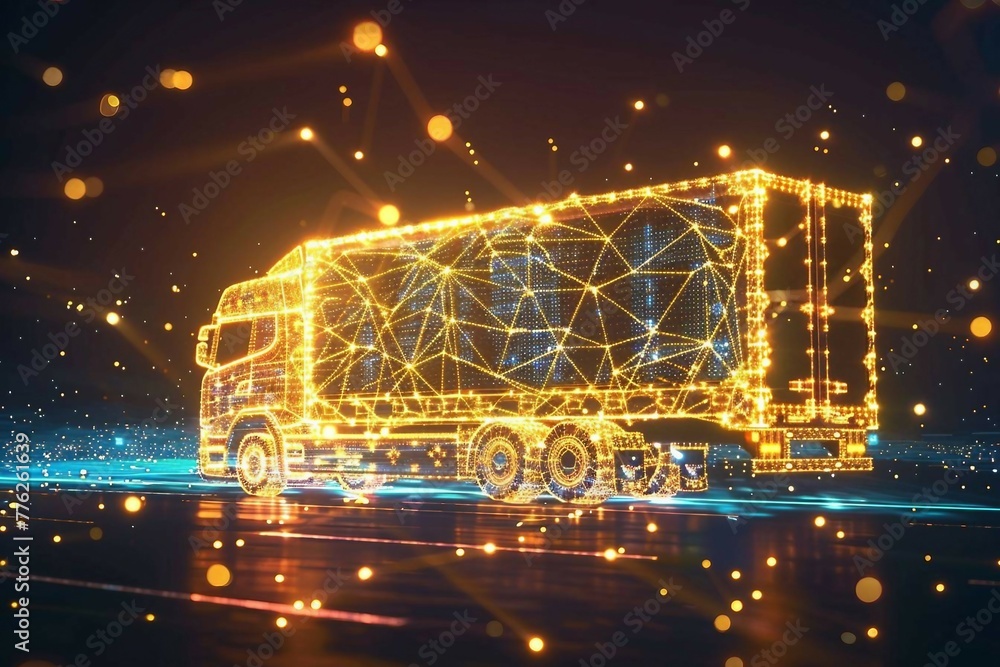 digital yellow truck with glowing data stream , the integration of ai  into freight transportation and logistics management, cargo tracking for efficient supply chain operations. wireframe low poly.