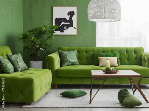 Luxury living room in house with modern interior design, green velvet sofa, coffee table, pouf, gold decoration, plant, lamp, carpet, mock-up poster frame and elegant accessories. Template. photo