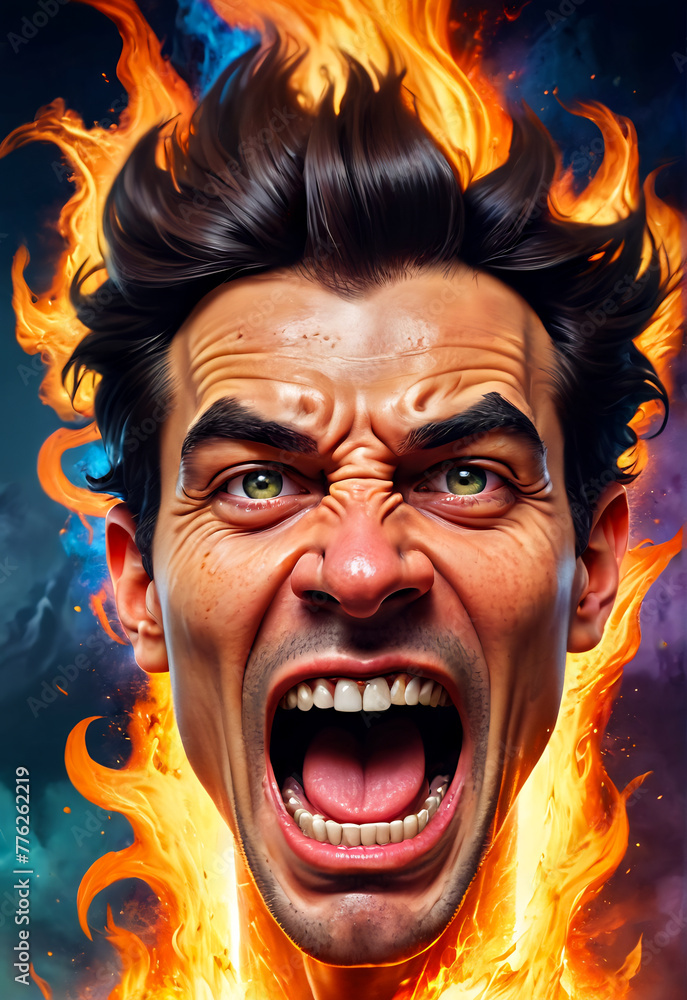angry face, scary fire face, fantasy style fire, bad man