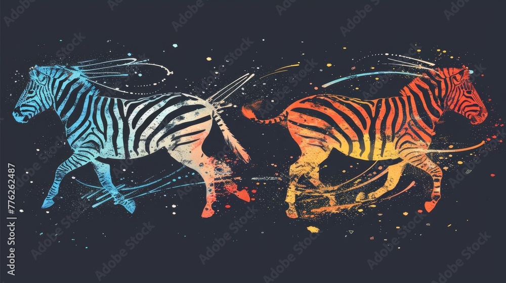 Fototapeta premium A few zebras gallop through star-filled void on jet-black canvas, beneath a blue celestial backdrop