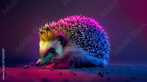  A tight shot of a vibrant hedgehog against a purple and pink backdrop, distinctively adorned with tiny quilled crests
