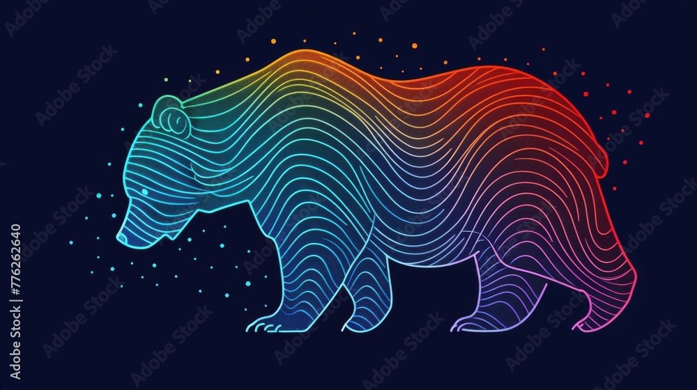 Fototapeta premium A bear against a dark backdrop, adorned with wavy rainbow-hued lines Above, a canopy of stars forming a rainbow arc