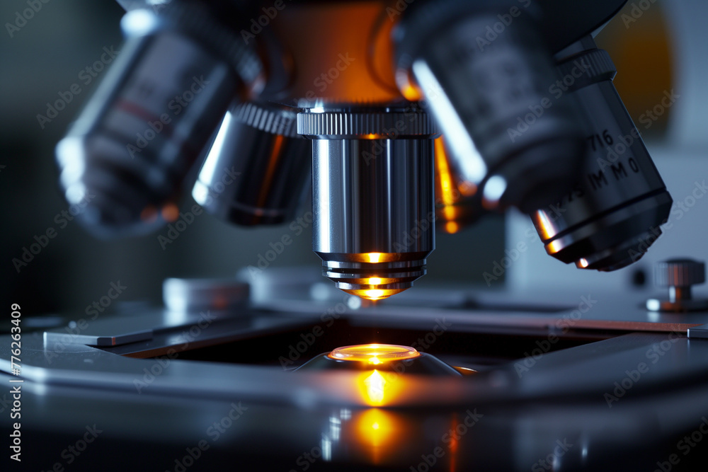 Close-up of a microscope with illuminated sample. Close-up of a microscope with illuminated sample.