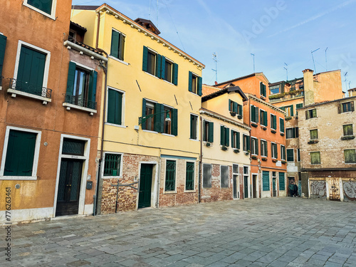 View from the streets and water canal in Venice, Italy. Old historic architecture