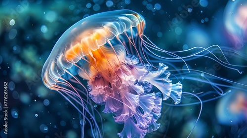 Mesmerizing spectacle of Chrysaora pacifica jellyfish illuminating the ocean depths with its ethereal glow. © Suleyman