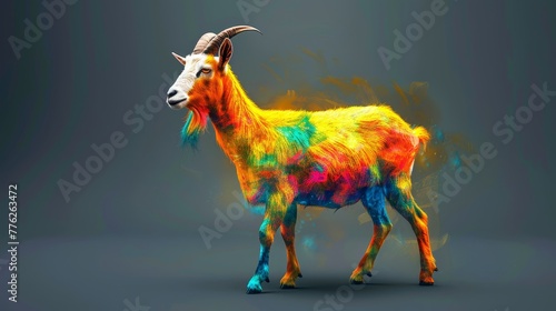  A multicolored goat against a gray backdrop, surrounded by a black border  the goat is adorned with red, yellow, blue, green, orange, and pink h © Nadia