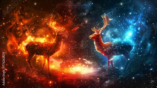   A couple of deer beside each other, facing a star-filled sky