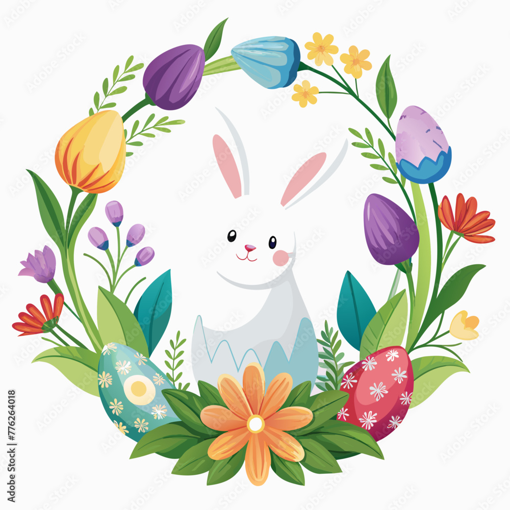 Easter egg frame with bunny and spring flowers - tulip, hyacinth, Easter egg frame with bunny and spring flowers - tulip, hyacinth,