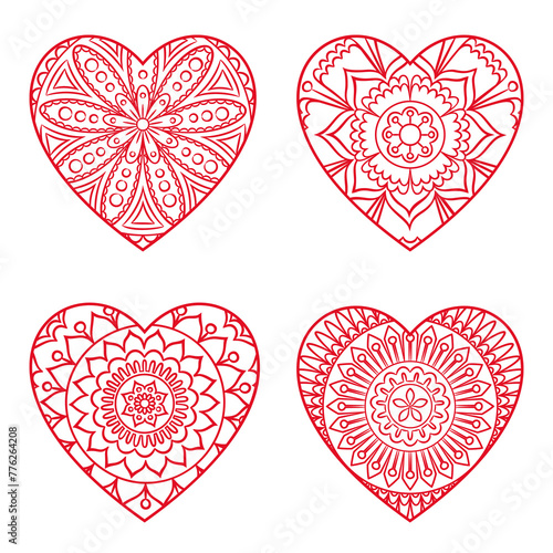 Doodle heart mandalas set. Outline floral design element in a heart shape. Png clipart isolated on transparent background