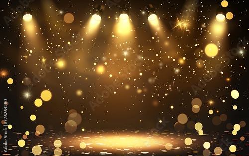 A stage background with yellow light spots and sparkles on dark brown background vector presentation design, glowing lights and sparkles on black background
