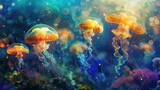 Luminous, ethereal jellyfish dance beneath the ocean's surface, their translucent bodies glowing with vibrant hues.