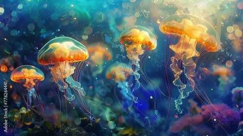 Luminous, ethereal jellyfish dance beneath the ocean's surface, their translucent bodies glowing with vibrant hues.