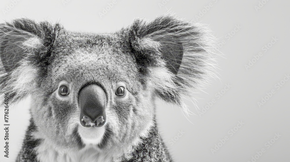 A black-and-white image of a koala gazing at the camera with an expression of surprise A black-and-white image of a koala gazing at the camera with an expression of surprise