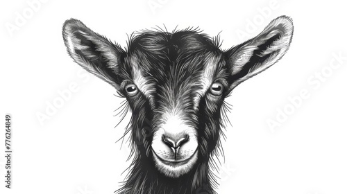   A tight shot of a goat's face next to its monochrome drawing counterpart
