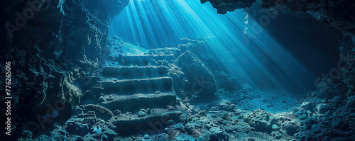 Majestic Sun Rays Illuminating an Ancient Submerged Staircase in an Underwater Cave