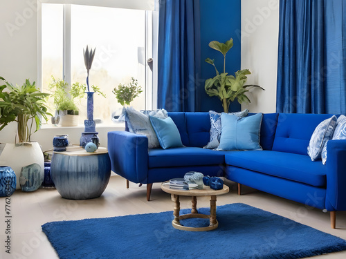 Rustic room design with dark blue sofa and dried flowers on gray interior background photo