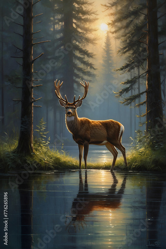 Deer against the background of forest and river