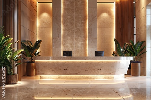 Interior of modern hotel reception with reception desk and plants, Ai Generated