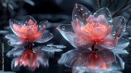   A few water lilies float on serene water surfaces, adorned with droplets on their petals