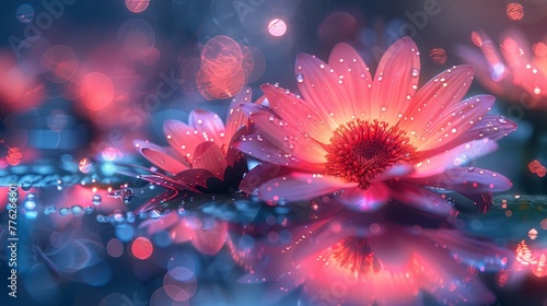   A tight shot of a pink bloom, adorned with water beads on its petals Surrounding scenery softens into an indistinct blend of blue and pink © Nadia