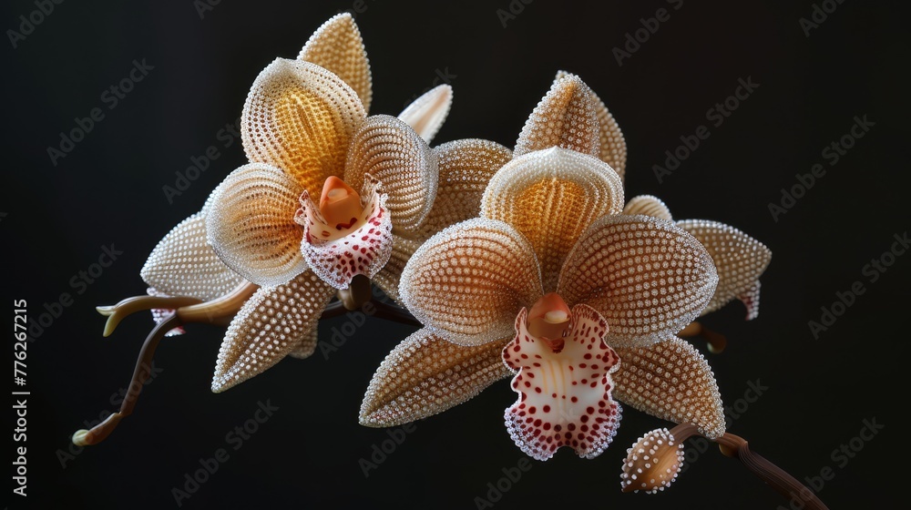 A flower closely framed on its stem, surrounded by others and set against a black backdrop ..Or, if you want to keep it more descript A flower closely framed on its stem, surrounded by others and set against a black backdrop ..Or, if you want to keep it more descript