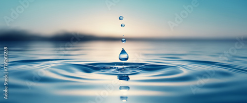 A serene water droplet falling into the calm waters, creating ripples that spread across its surface.  photo